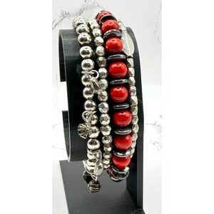 Silver Tone Beaded Stretch Bracelet Stack Set of 4 Red Accent Layered Boho